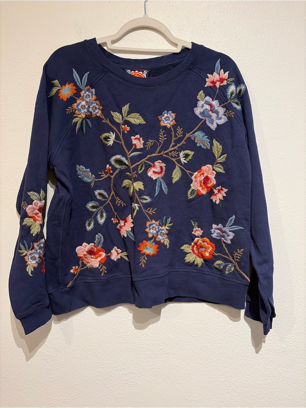 Johnny Was Renata Raglan Embroidered Sweatshirt Blue Floral Pattern